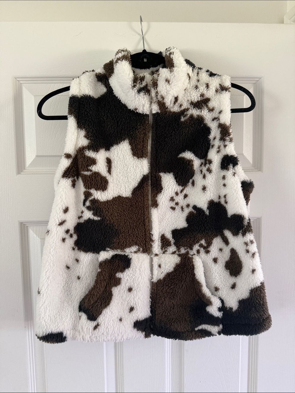 SHEIN Brown & White Cow Print Faux Shearling Zip Vest
